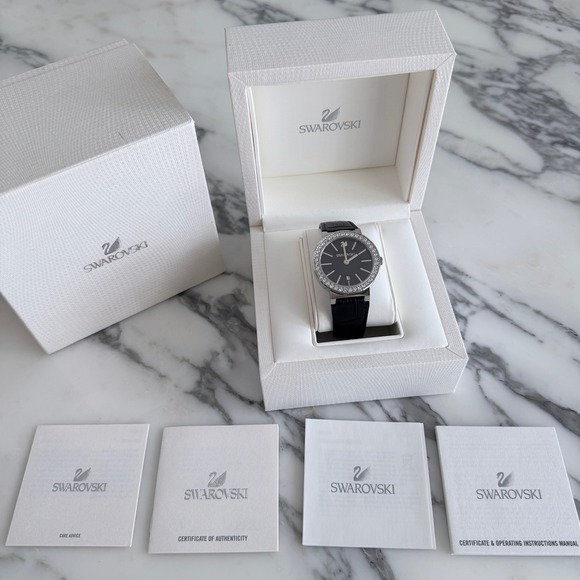 Swarovski Octea Lux Swiss Made Black Leather Crystal Bezel Watch 5414410 39mm main image 6